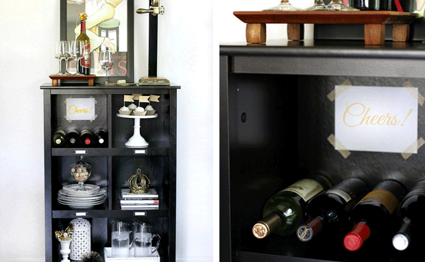 Edge Water bookcase used as entertaining bar stand