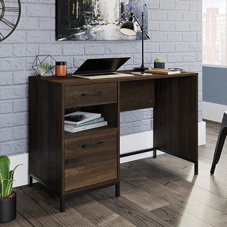 wood desk with black metal legs